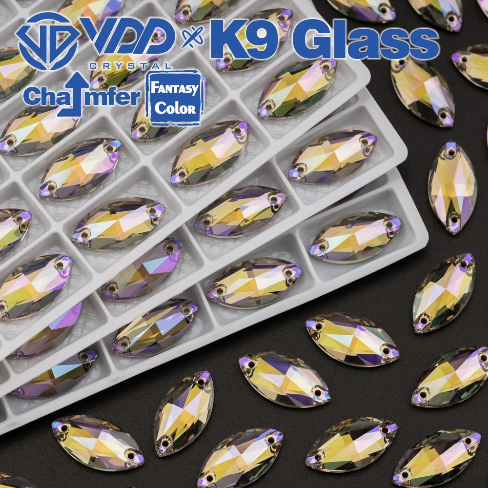 VDD Navette 9x18mm 36 Stück Geisterlichtfarbe Top-Qualität K9-Glas Aufnähbarer Strass Kristall Flachrückseite Kleidungsdekoration – Detail 1
