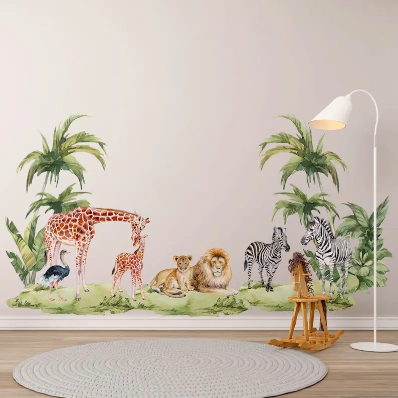 Safari Wall Decal Big Set, savanna Wall decal for kids, safari nursery decor, giraffe wall decal, zebra stickers, sticker lion s