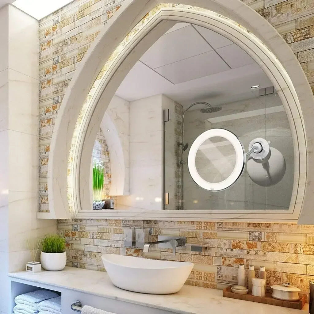 Wall-montado espelho de maquiagem com luz LED, iluminado ferramenta de ampliação, vaidade flexível, rotação de 360 graus, banheiro