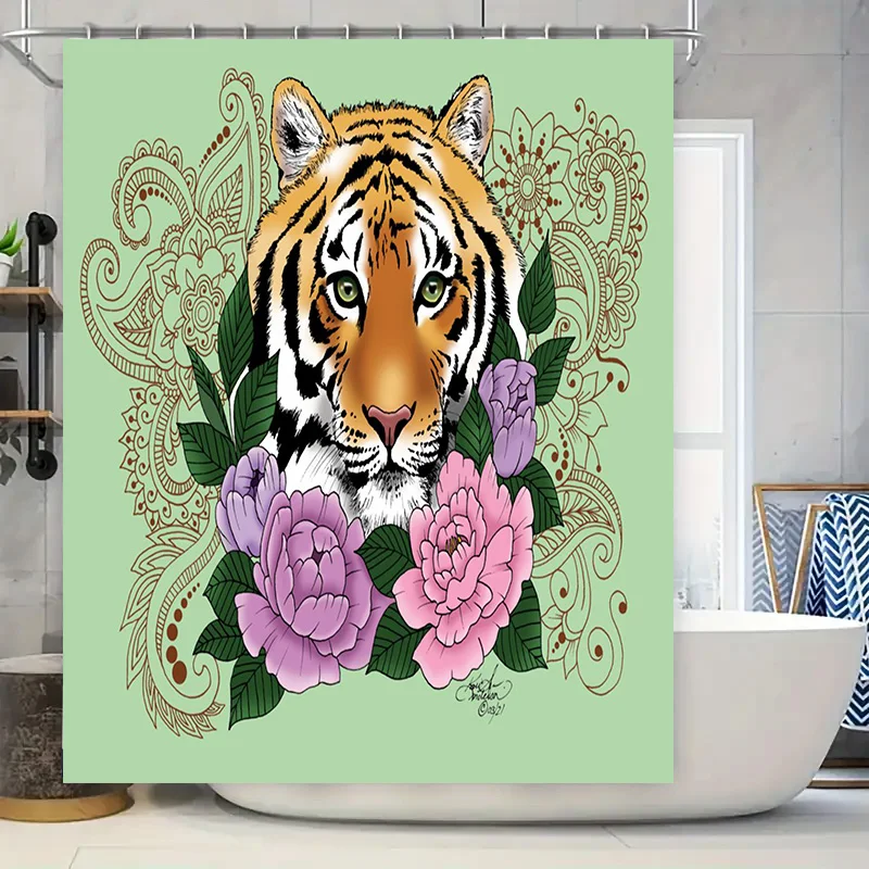 

Занавеска для душа с животным принтом и тигровым лицом с зеленым фоном цветочного дизайна
