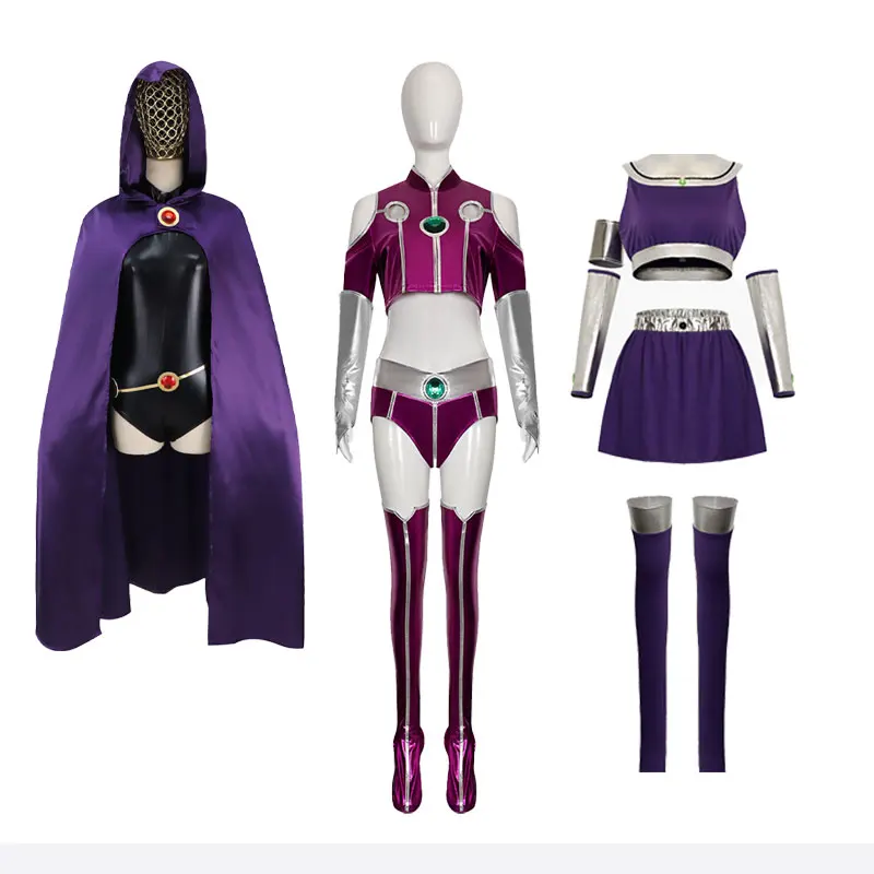 

Junior Titan Starfire Cosplay Costume Raven Cosplay Costume Halloween Anime Cosplay Suits Cloak Cape Tight Fitting Clothes