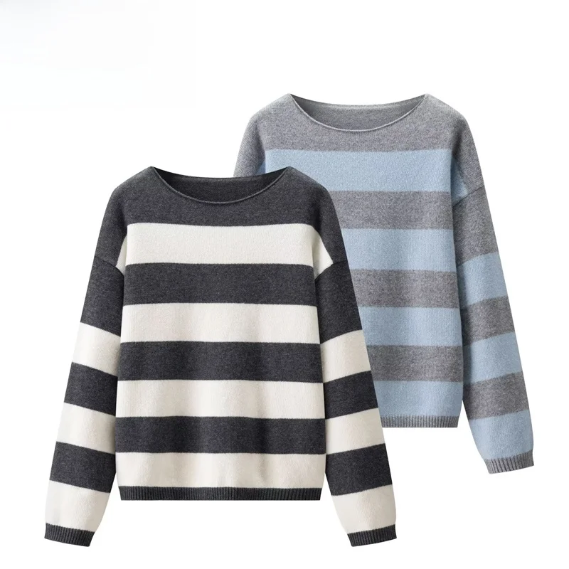 

EVEA New Women's Knitwear round Neck Striped Color Block Loose Versatile Autumn Fashion Polyester Fiber Hooded Girls' Sweater