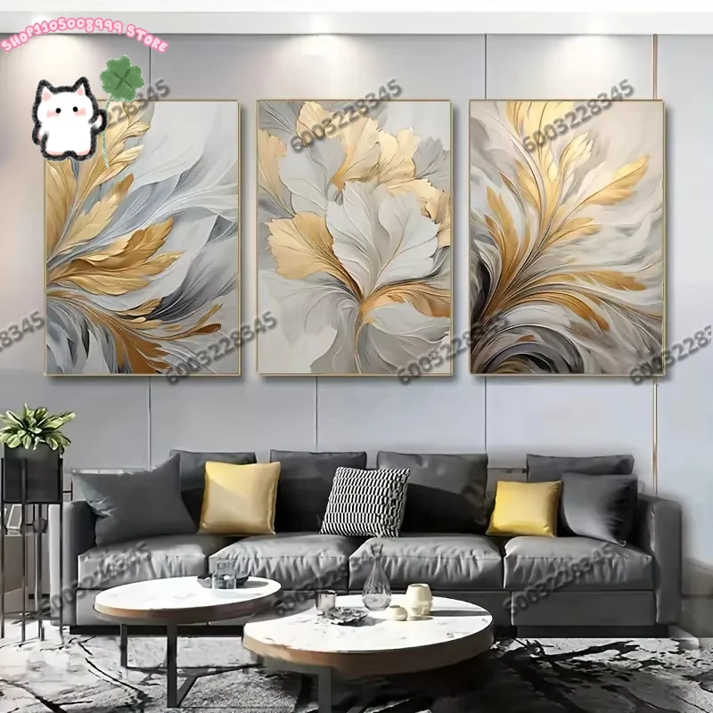 3Pcs Frameless Golden White Leaves Poster Canvas Print Wall 