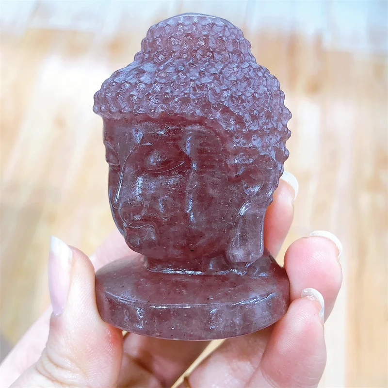 Natural Strawberry Quartz Handmade Carved Buddha Head Healing Polished Powerful Fengshui Home Decoration Gift