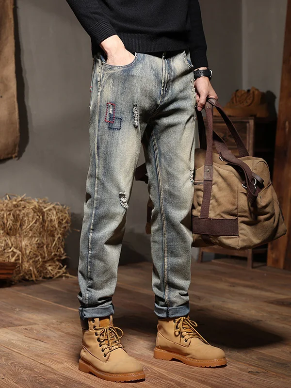 

Retro Washed Hole Denim Jeans Men Slim Fit Spring Autumn Long Pants Large Size Elastic Middle Waist Zipper Straight Leg Jeans