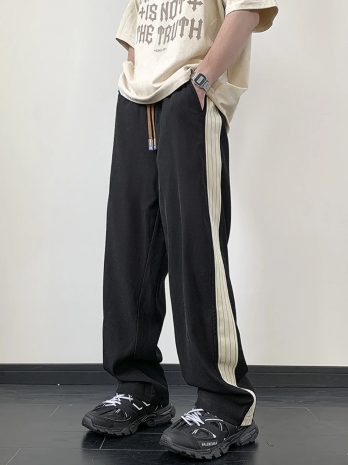 

American High Street Oversize Ice Silk Casual Pants Men's Summer Side Stripe Loose Fit Straight Leg Long Trousers