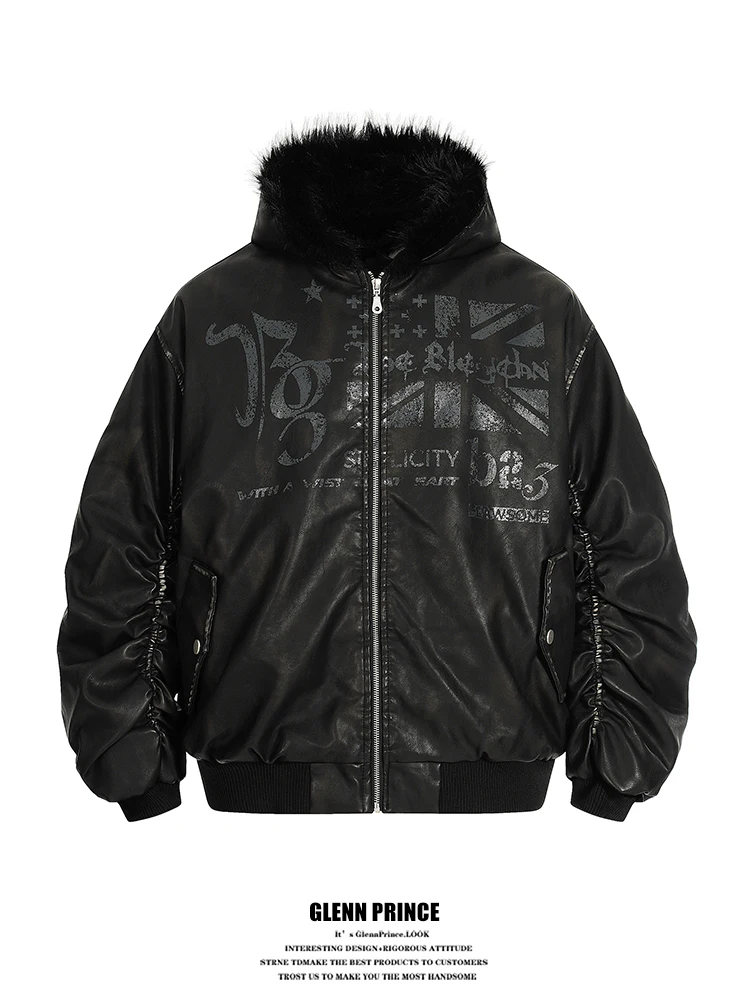 

Теплая куртка в стиле панк с капюшоном из искусственной кожи, утепленное зимнее пальто в мотоциклетном стиле, молодежная модная хлопковая одежда для мужчин