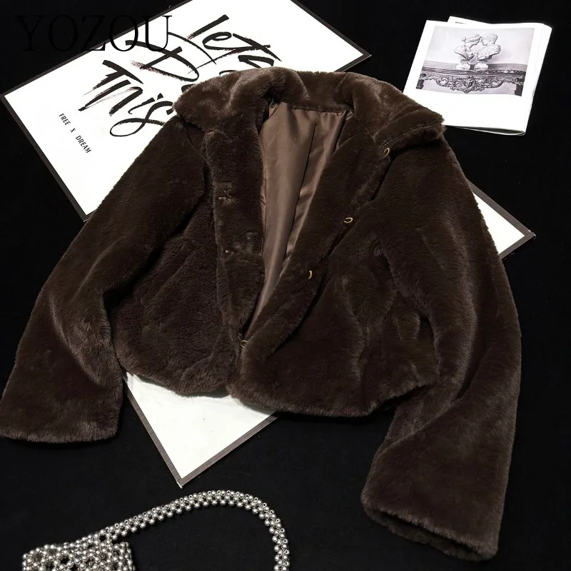 [YOZOU] Winter Luxury Brown Elegant Eco Fur Short Coat Women Artificial Faux Fur Jacket Rave Outfits Outwear Korean Cool Girl