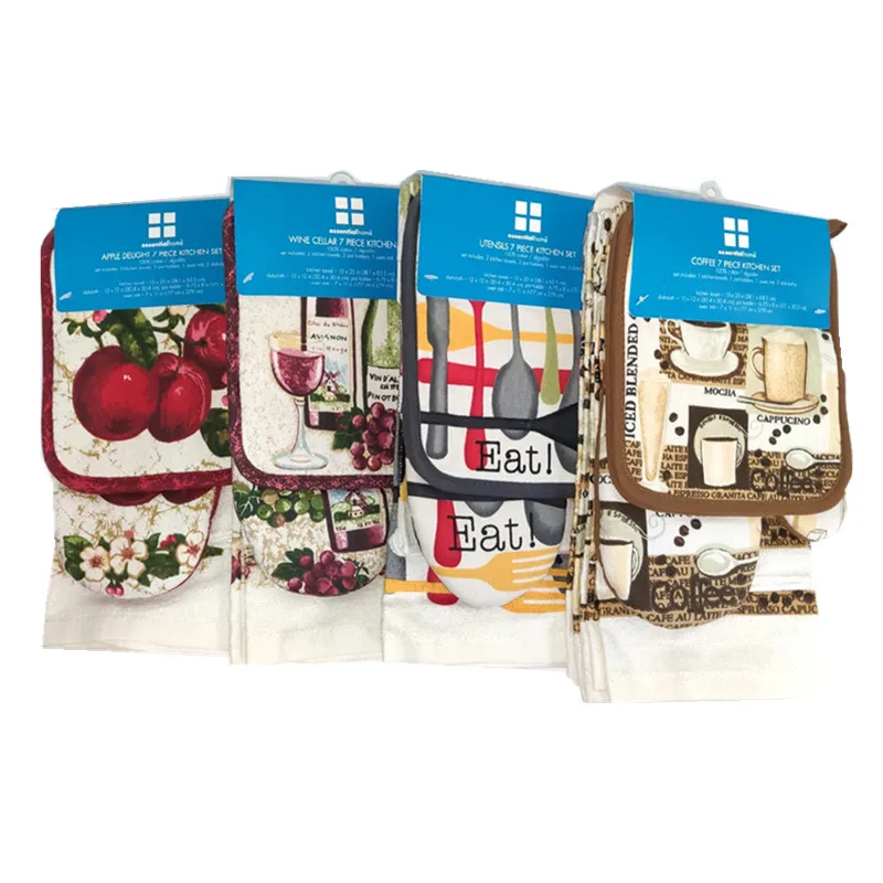 7Pcs/set Kitchen Tools Cotton Vintage Printed 2 Hand Towels + 2 Square Towels + 1 Glove + 2 Mats Xmas Gift