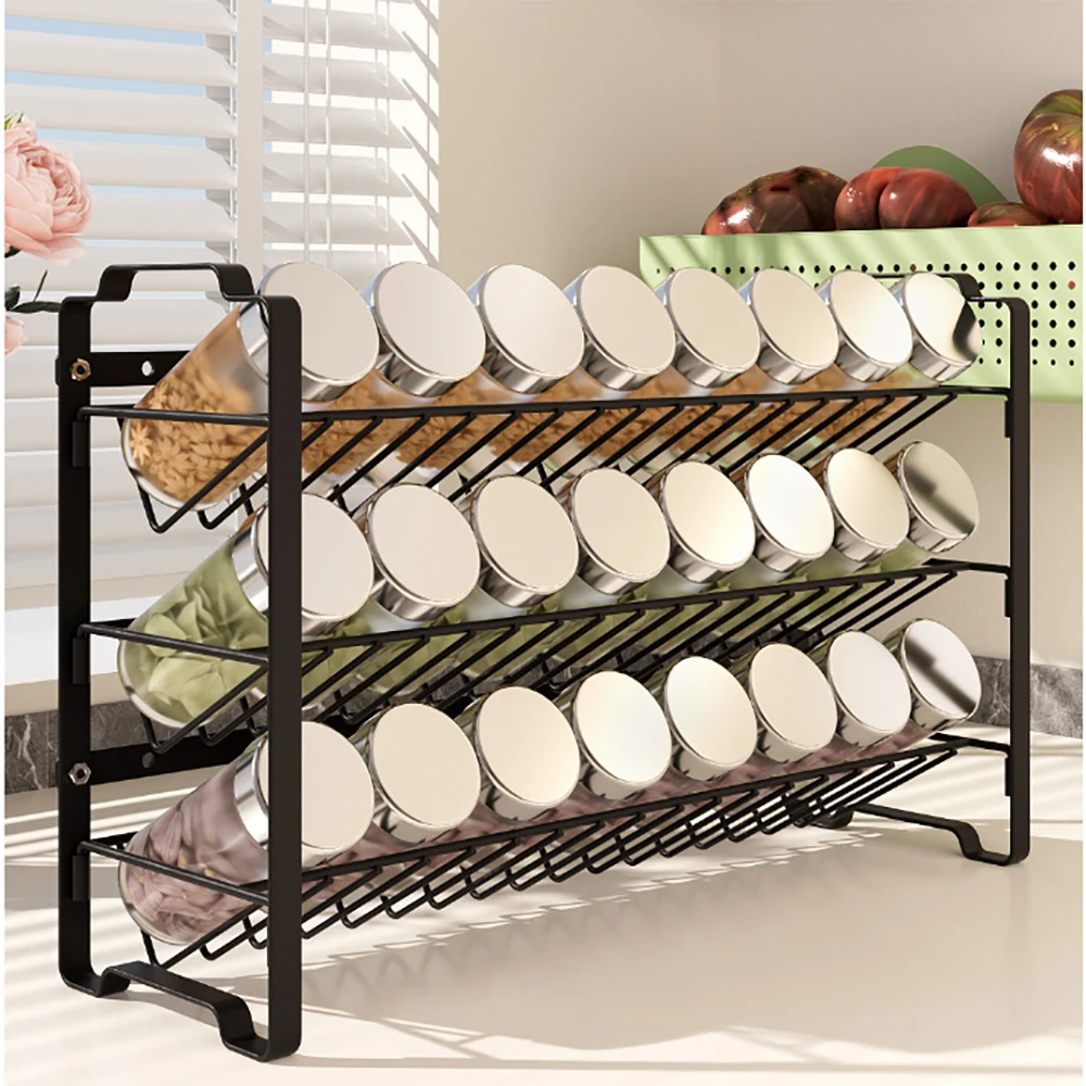 

Kitchen Spice Rack Organizer Countertop 3-layer Carbon Steel Storage Shelf Herb Jars Sauce Salt Seasoning Wall Mounted Basket