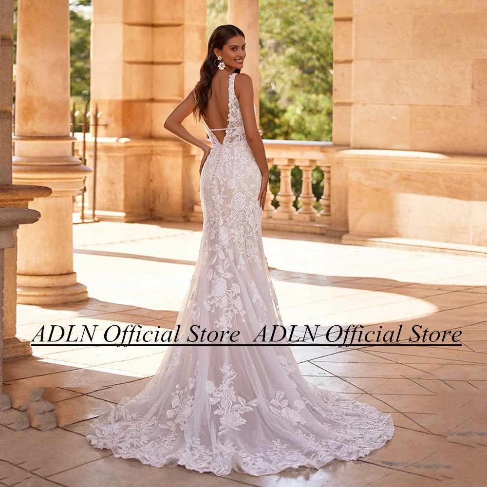 ADLN Champagne Mermaid Wedding Dresses Sexy V Neck Sleeveless Sequin Applique Lace Bridal Gown Sweep Train Backless  