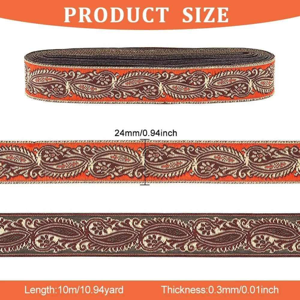 10.9 Yard 0.9 inch Orange Red Vintage Jacquard Ribbon Damask Flower Leaves Pattern Embroidery Woven Trim Ethnic Polyester