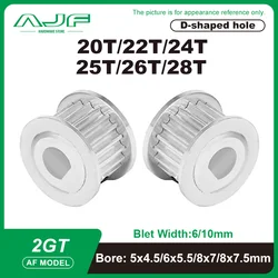 D Hole 2GT Timing Pulley 20T/22T/24T/25T/26T/28Teeth GT2 Synchronous Wheel Bore 5x4.5/6x5.5/8x7/8x7.5mm for Belt Width 6mm/10mm