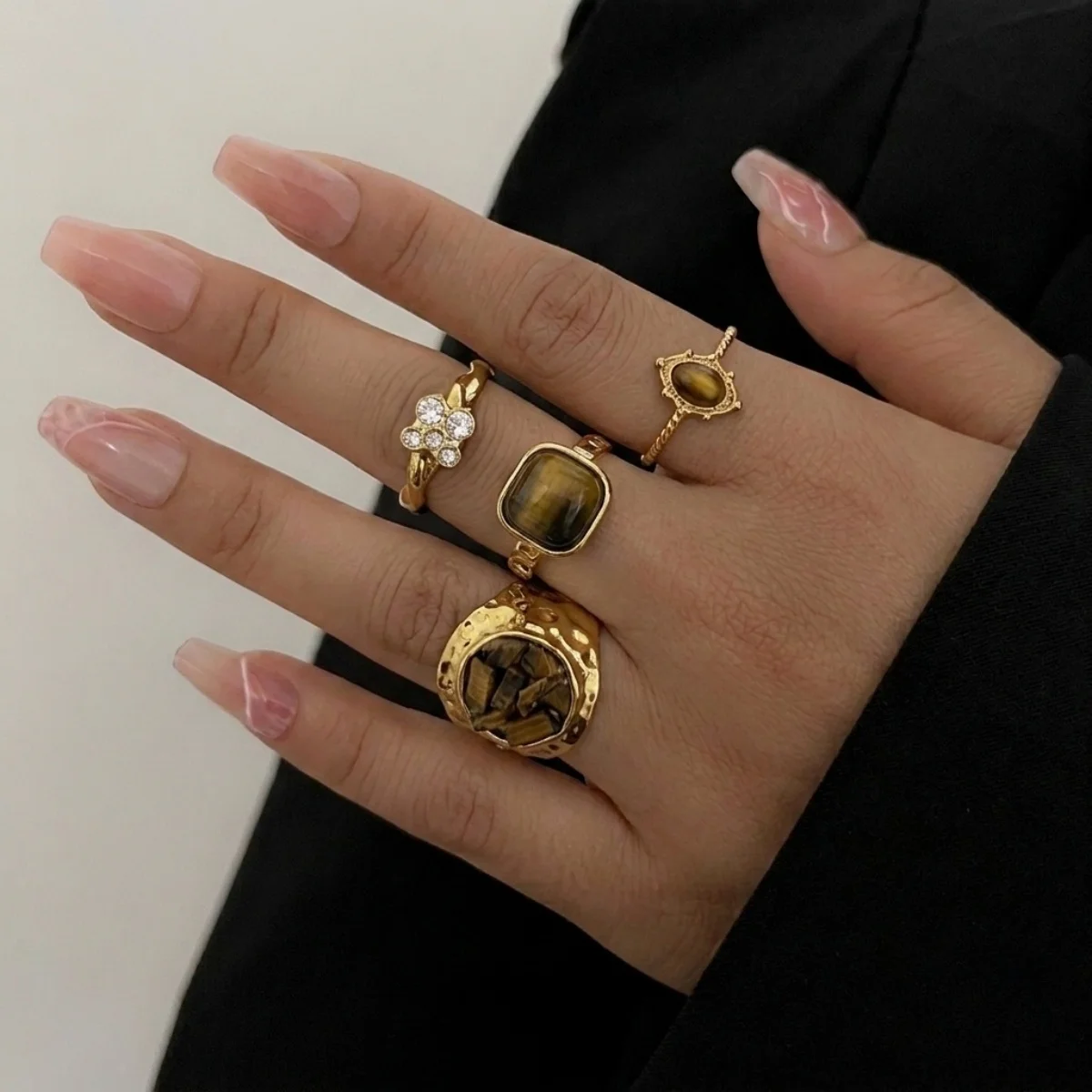 Edelstahl Natürlicher Tigerauge-Stein Wassertropfen-Hammer-Ring Breiter Ring für Damen und Herren Französischer Vintage Geometrischer Blumenring Schmuck – Detail 10