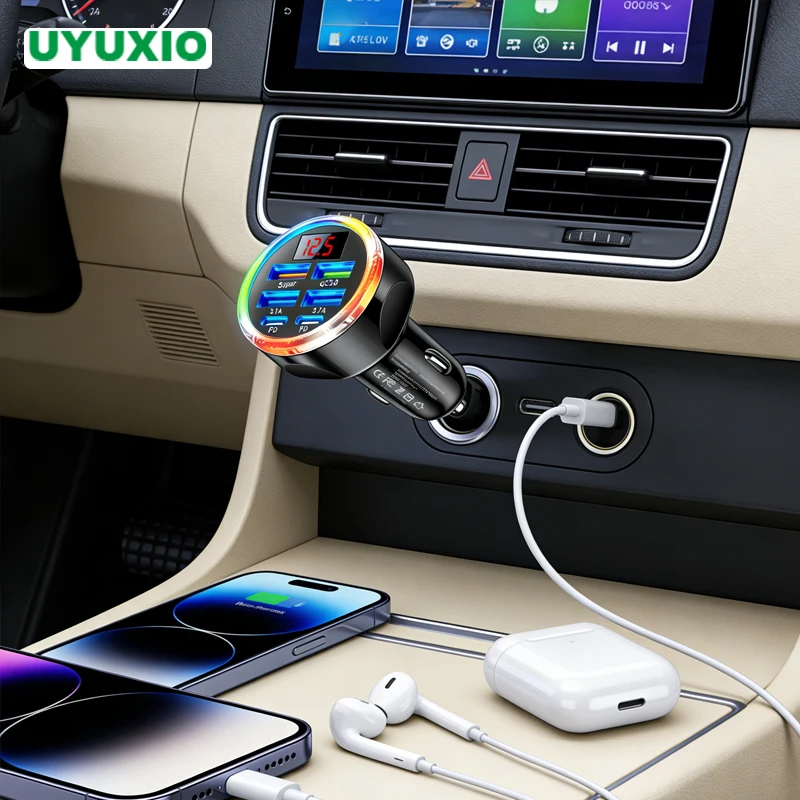 UYUXIO Multi-Port USB-C Auto-Ladegerät 6-in-1 mit Spannungsanzeige, schnelles Laden mit Voltmeter für iPhone 17 16 Samsung