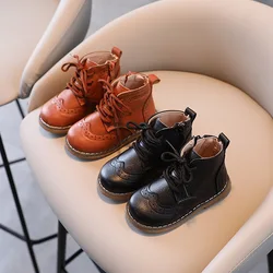 Children Leather Boots Autumn Boys Handsome School Boots Girls Fashion Retro Side Zipper Short Boots Baby Soft Casual Shoes