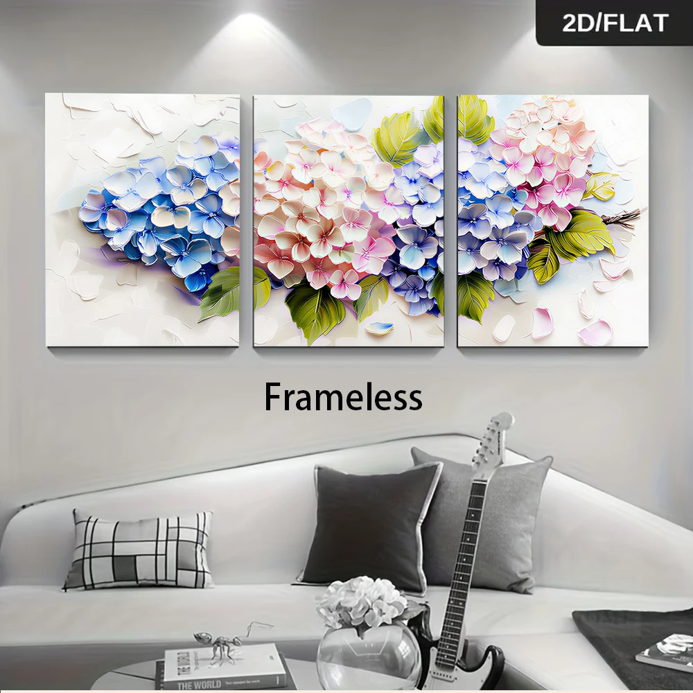 3pcs frameless Canvas Painting 1 set of modern minimalist texture hydrangea flower three-panel frameless decorative painting, 2D
