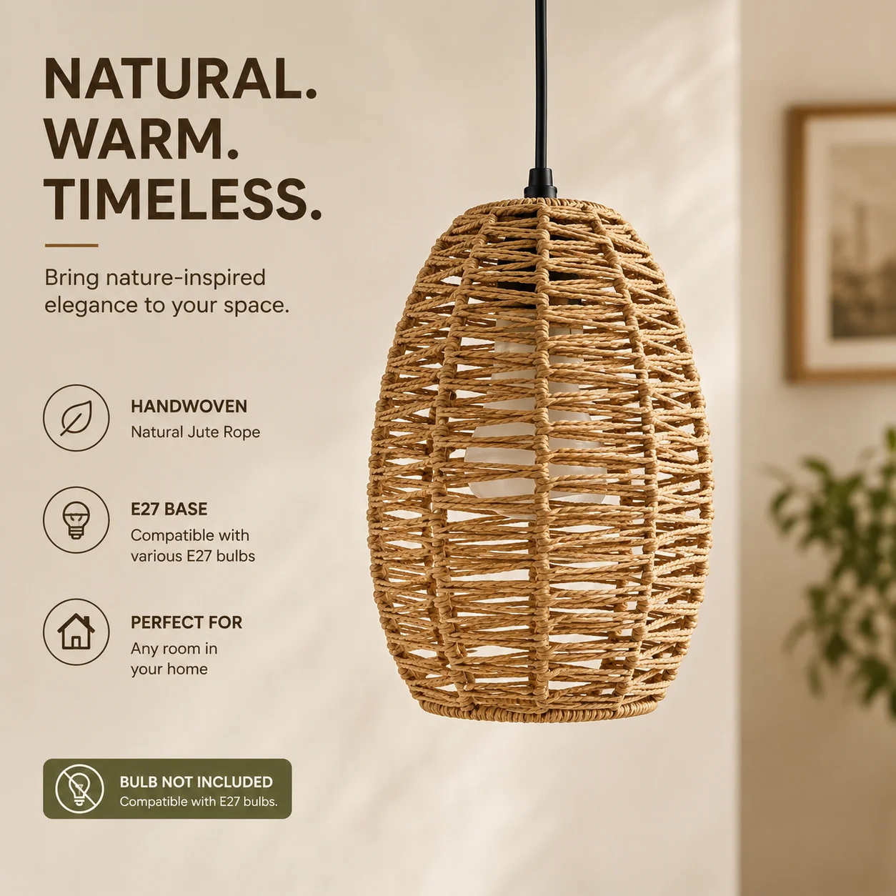 E27 Hemp Rope Woven Iron Adjustable Pendant Lamp with 1.2m Hanging Wire for Kitchen Island Bar Corridor Decorative Lighting Bulb
