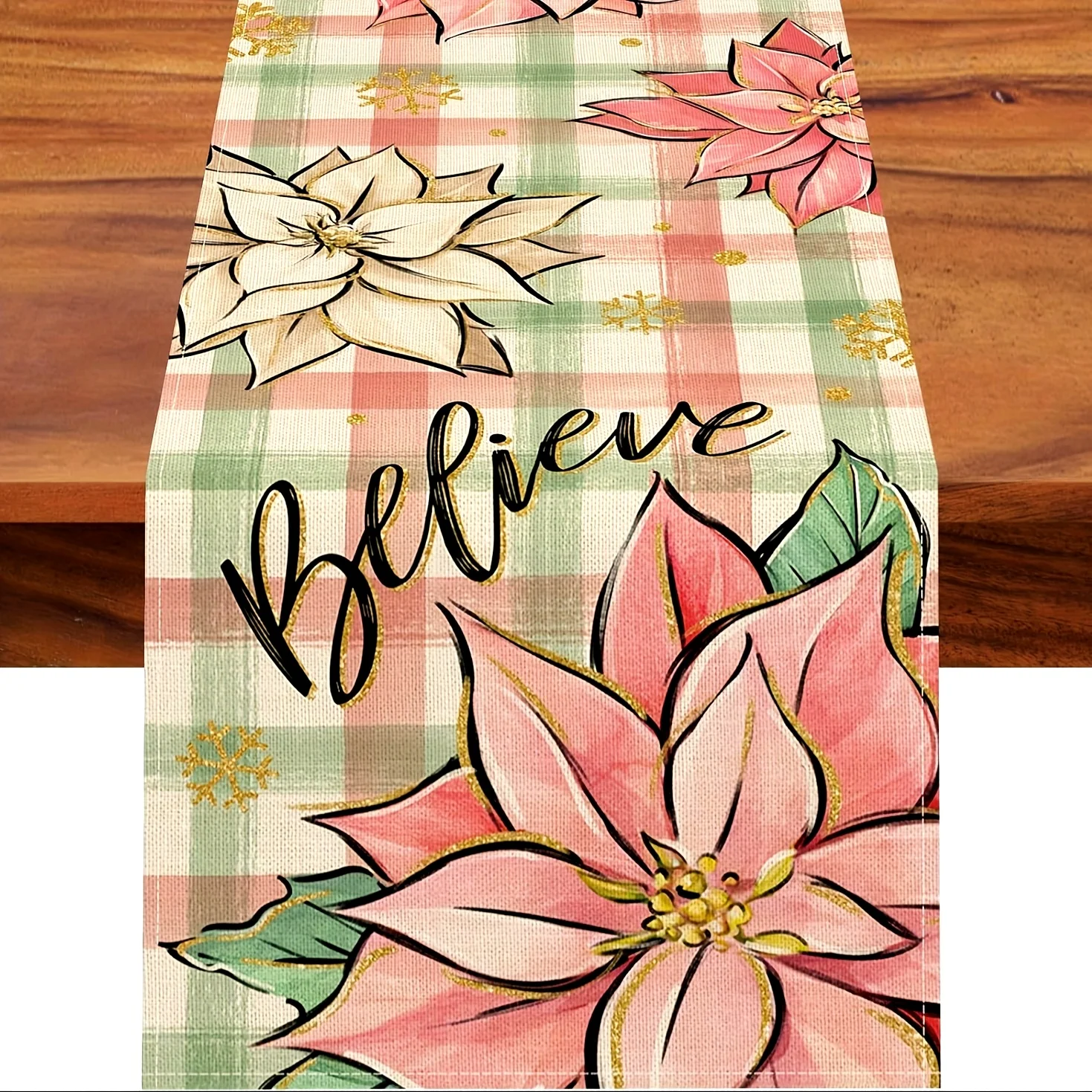 1pc, Christmas Poinsettia Table Runner, Xmas Pink Green Buffalo Plaid Check Believe Kitchen Dining Table Decor, Winter Holiday F
