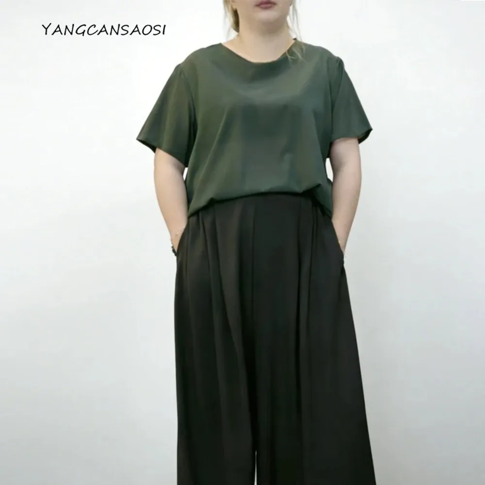 

Универсальный эластичный креповый топ из натурального шелка шелковицы 92%, женская повседневная темно-зеленая повседневная футболка с круглым вырезом и короткими рукавами