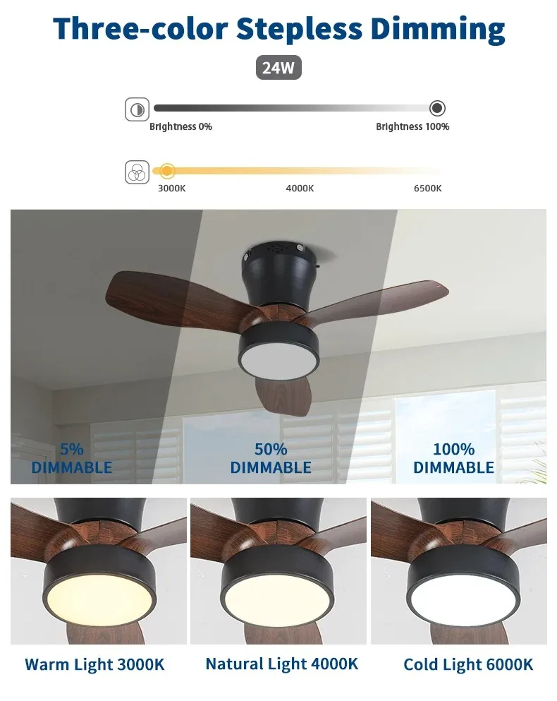 32\24 Inch Ceiling Fans With Lights Led 3 Speeds 3 Color Remote Control DC Motor Fans Low Floor Decorative Fans With Lighting