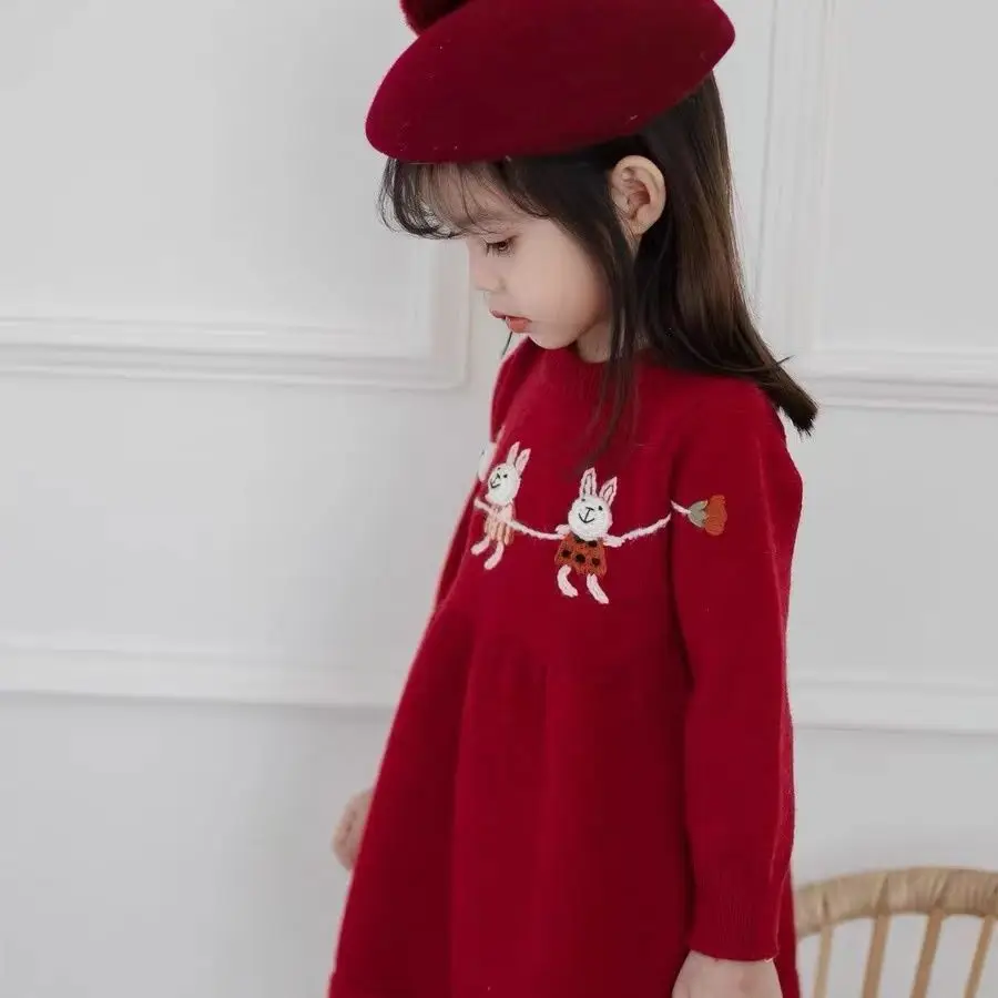 فستان الفتيات الخريف/الشتاء الأطفال هوديي محبوك سترة مطرزة أنيق فستان السنة الجديدة فستان الأميرة