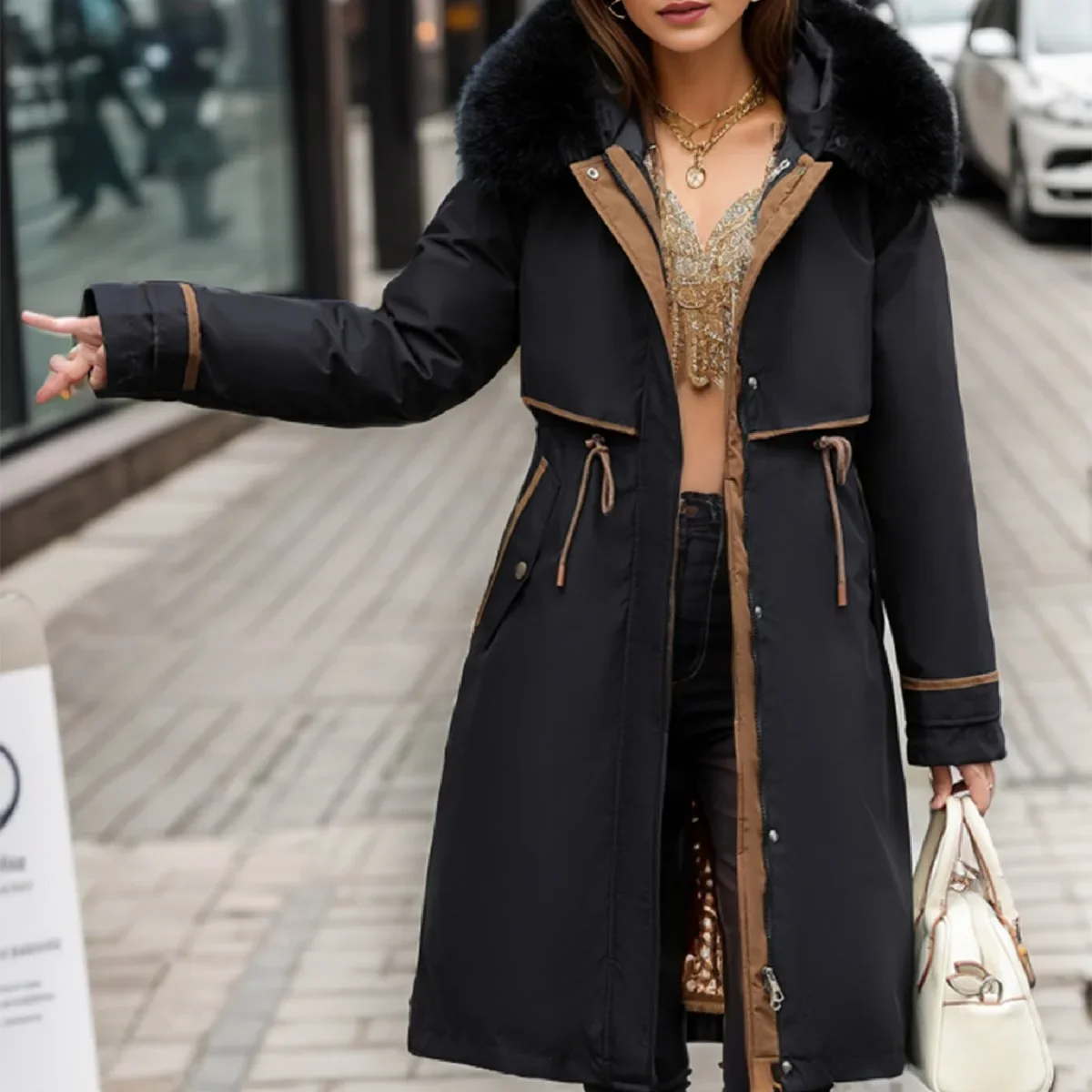 2025 Women's Parkas Coats Winter Female Fur Collar Warm Thicken Warm Long Cotton Jacket Women Waist Drawstring Jacket For Women