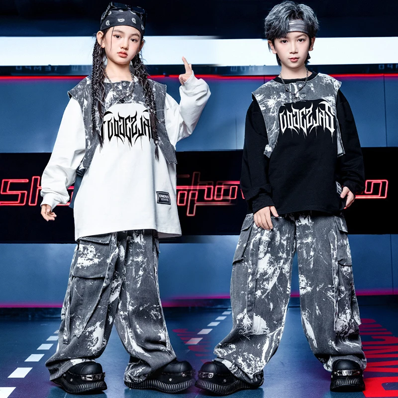 طفل ملابس رقص الجاز الهيب هوب المرحلة زي أسود علوي شافل السراويل الطفل في سن المراهقة شارع الرقص تظهر الأداء الزي VDL4651 #1