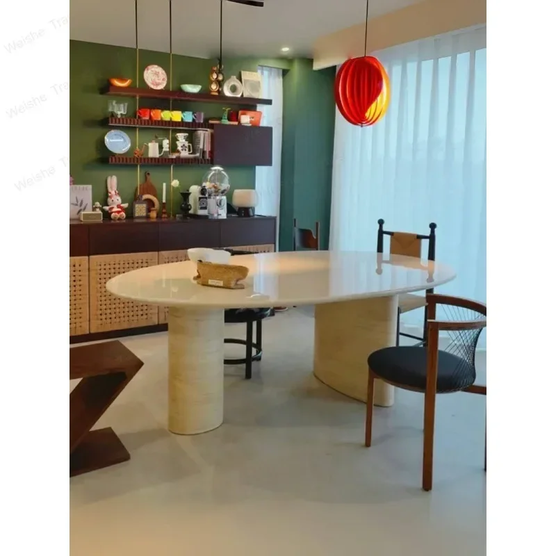 Oval work island high-end home marble dining table custom wabi sandy wind natural travertine dining table