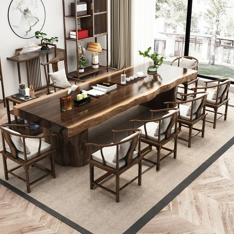 Chinese solid wood tea table office large board tea table full set of one table and five chairs combination