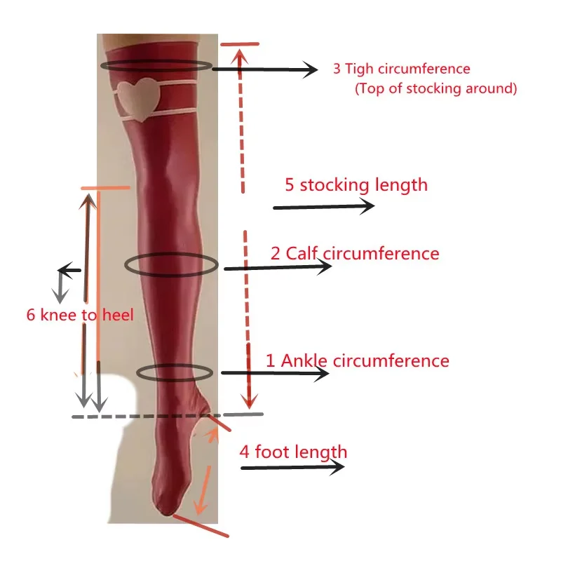Handgemaakte latex rubber vrouw lange sokken rode latex dij hoge kousen met zwarte versieringen 0,4 mm op maat gemaakt