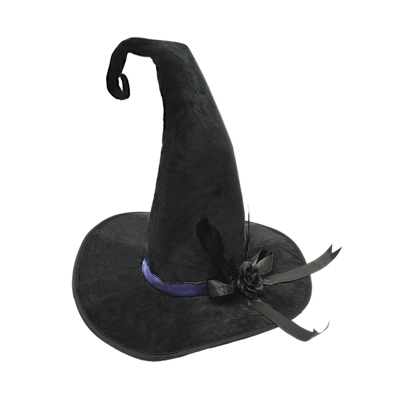 Wide-Brim Black Velvet Witch Hat with Feather Accents - Gothic Halloween Costume Accessory for Women, Cosplay, or Photo Shoot