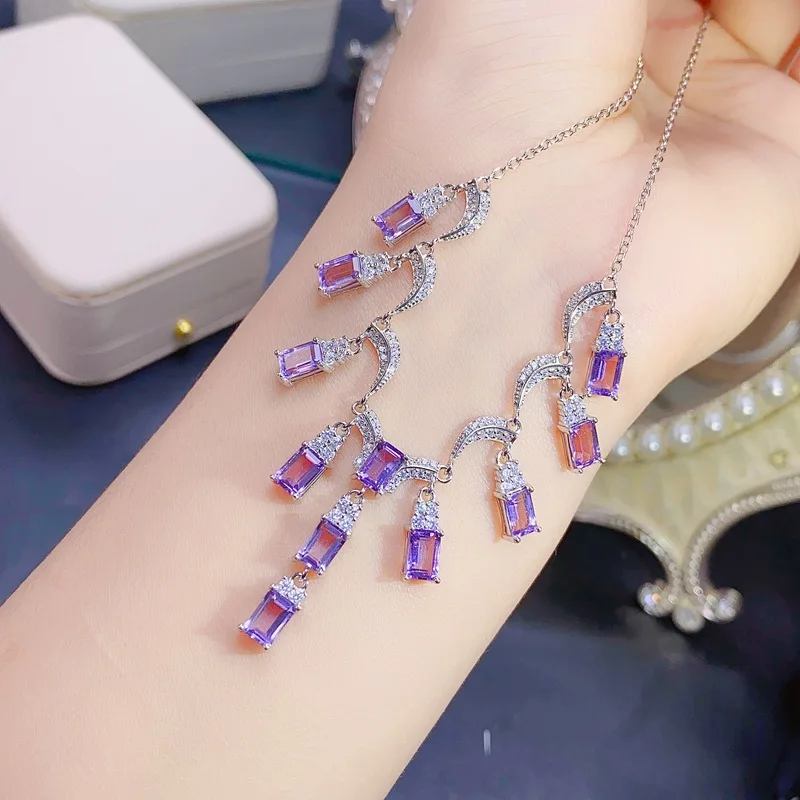 Natural Amethyst Necklace, 925 Sterling Silver, Luxury Emerald Cut Gemstone Pendant, Evening Party Fine Jewelry for Women view 3