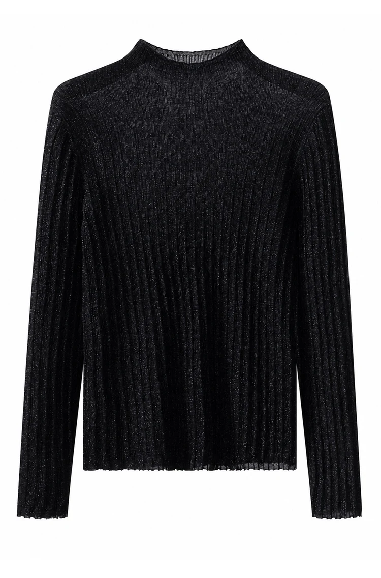 BL3621732 Damen-Pullover mit Stehkragen aus Wollmischung, Lurex, gerippt, langärmelig, mit Wellenkragen, seitlicher Kette und metallischem Glanz für den Herbst – Detail 14