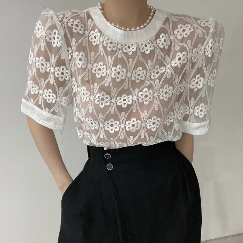 

Ele round Ne Embroidered Lace Design Loose Bubble Sve irt Women's Faion Summer Breathable See-tough Top