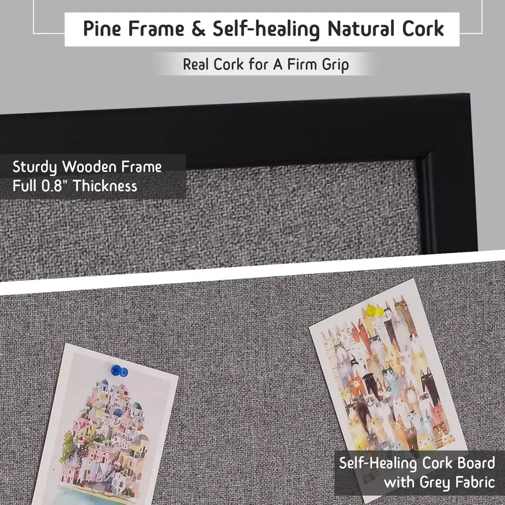 Corkboard emoldurado de madeira de 24x36 polegadas com tecido cinza, placa de mensagens montada na parede para uso doméstico ou no escritório