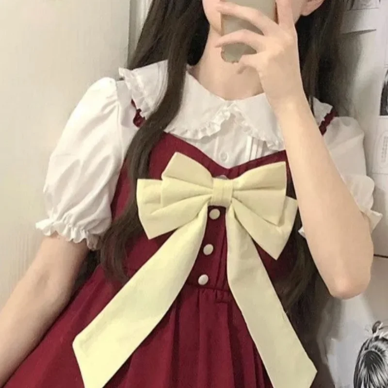 Harajuku Sweet Lolita Fresh Bubble Sleeves Short Sleeved Top Bow Slip Dress Spliced Slip Dress Women's Mid Length Dress