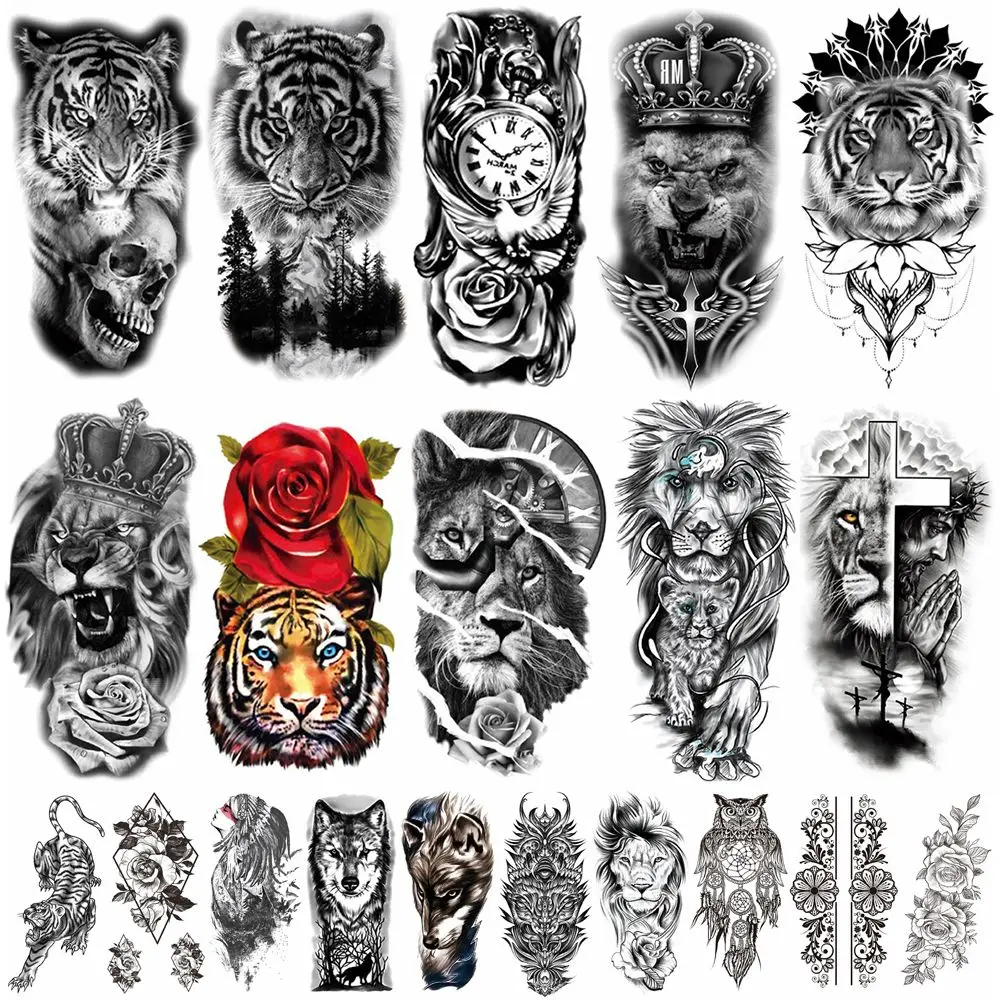 Temporary Tattoos Stickers Women Men 3D Pirate Captain Lion Warrior Evil Joker Gangster Rose Flower Cross Long-lasting Tattoos