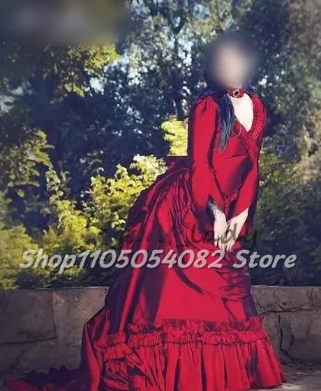 ชุดเดรสงานพรอมสไตล์วิคตอเรียนแบบกำหนดเอง สีแดง คอวีวินเทจ แขนยาว ระบายและจีบยุคกลาง ชุดราตรีทางการยาวถึงพื้น