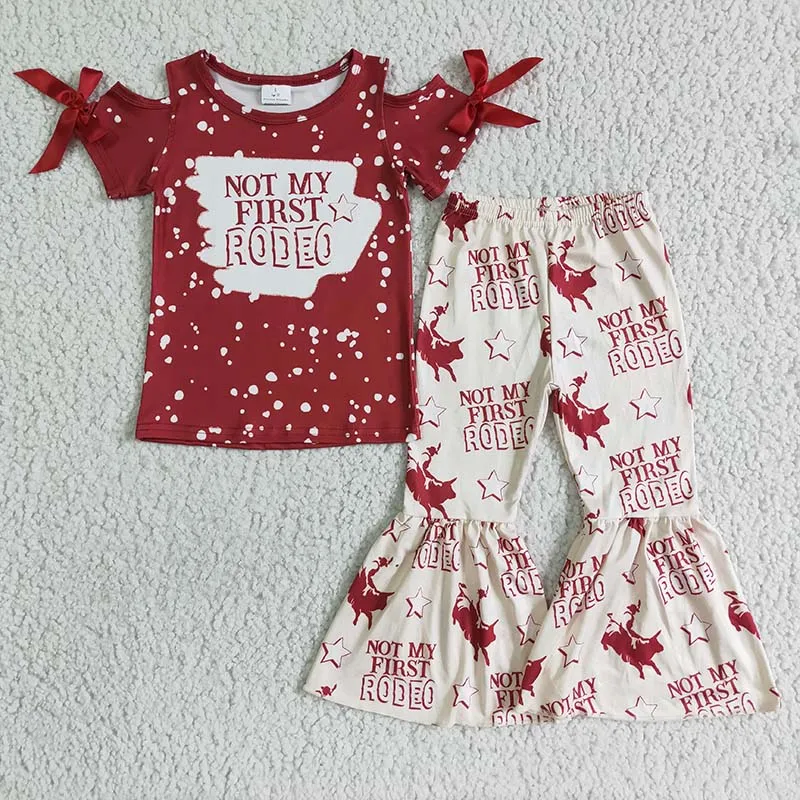 Toddler Western Not My First Rodeo Outfit Baby Girl Tie Dye Short Sleeve Top Bull Bell Pants Wholesale Children Fall Kid Clothes