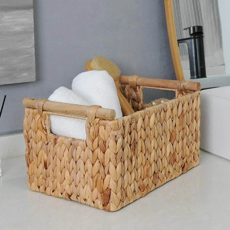 Hand-Woven Jumbo Storage Baskets With Wooden Handles, Water Hyacinth Wicker Baskets For Organizing, 2-Pack