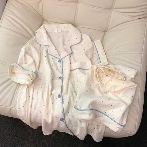 프린트 폴카 도트 여성 잠옷 잠옷 코튼 잠옷 세트 탑과 반바지 2 피스 세트 캐주얼 편안한 홈 슈트 의상 스위트