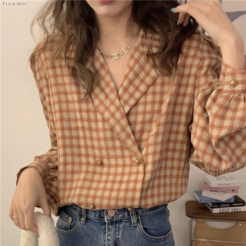 Cute Retro Vintage Double Button Cotton Tops Women New FLHJLWOC Design Chic Korea Japan Girls Long Sleeve Plaid Shirts