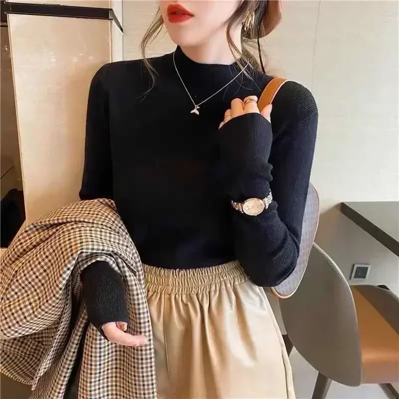 Fashion Half Turtleneck Pullover Sweater Elegant Long Sleeve Basic Knitted Tops Autumn Winter Jumper Women Clothes Sueter