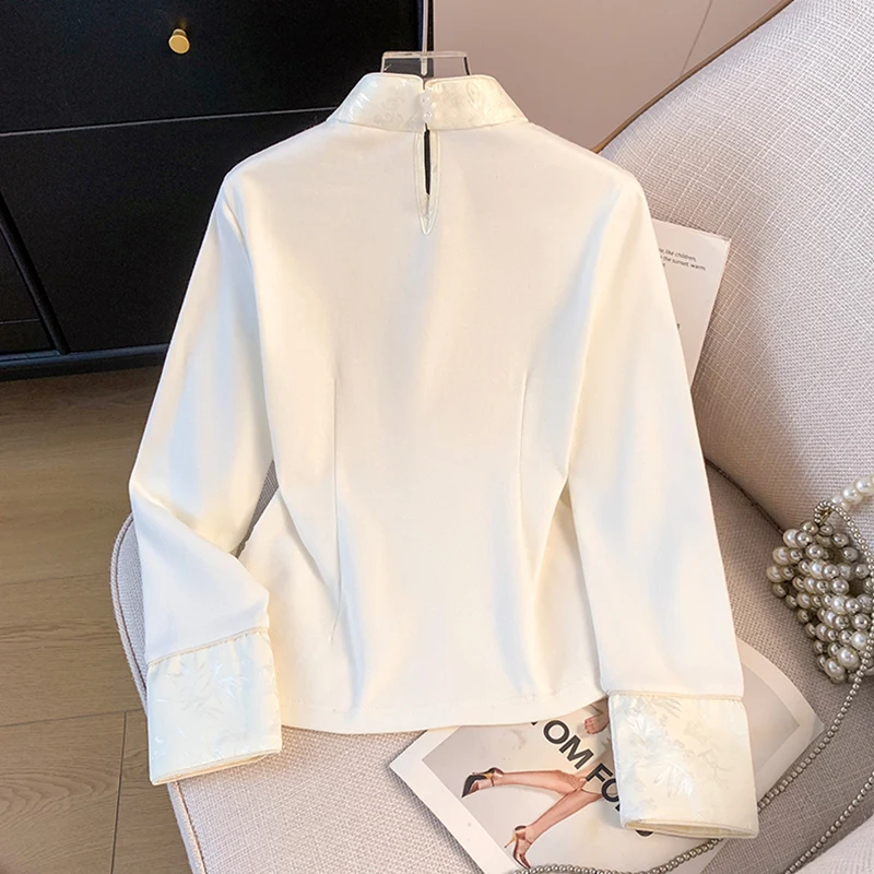 Women's Chinese Style Long Sleeve Jacquard Shirt Hanfu Stand Collar Frog Button Blouse Traditional National Fashion Top