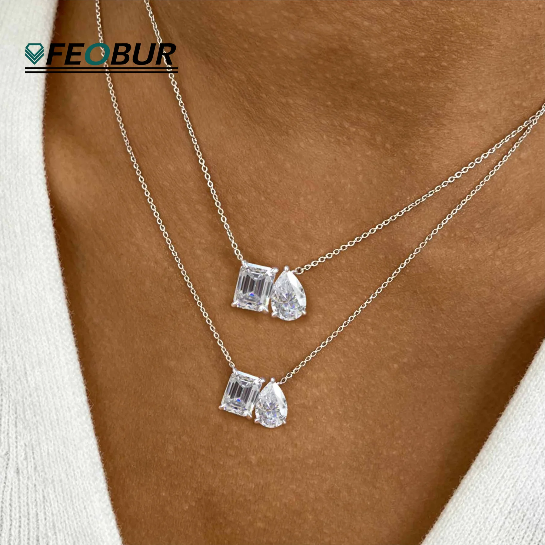 5cttw Two Stone Moissanite Necklace Real 925 Silver Pear/Emerald Cut Diamond Pendant NeckChain for Women Certified Jewelry Gift