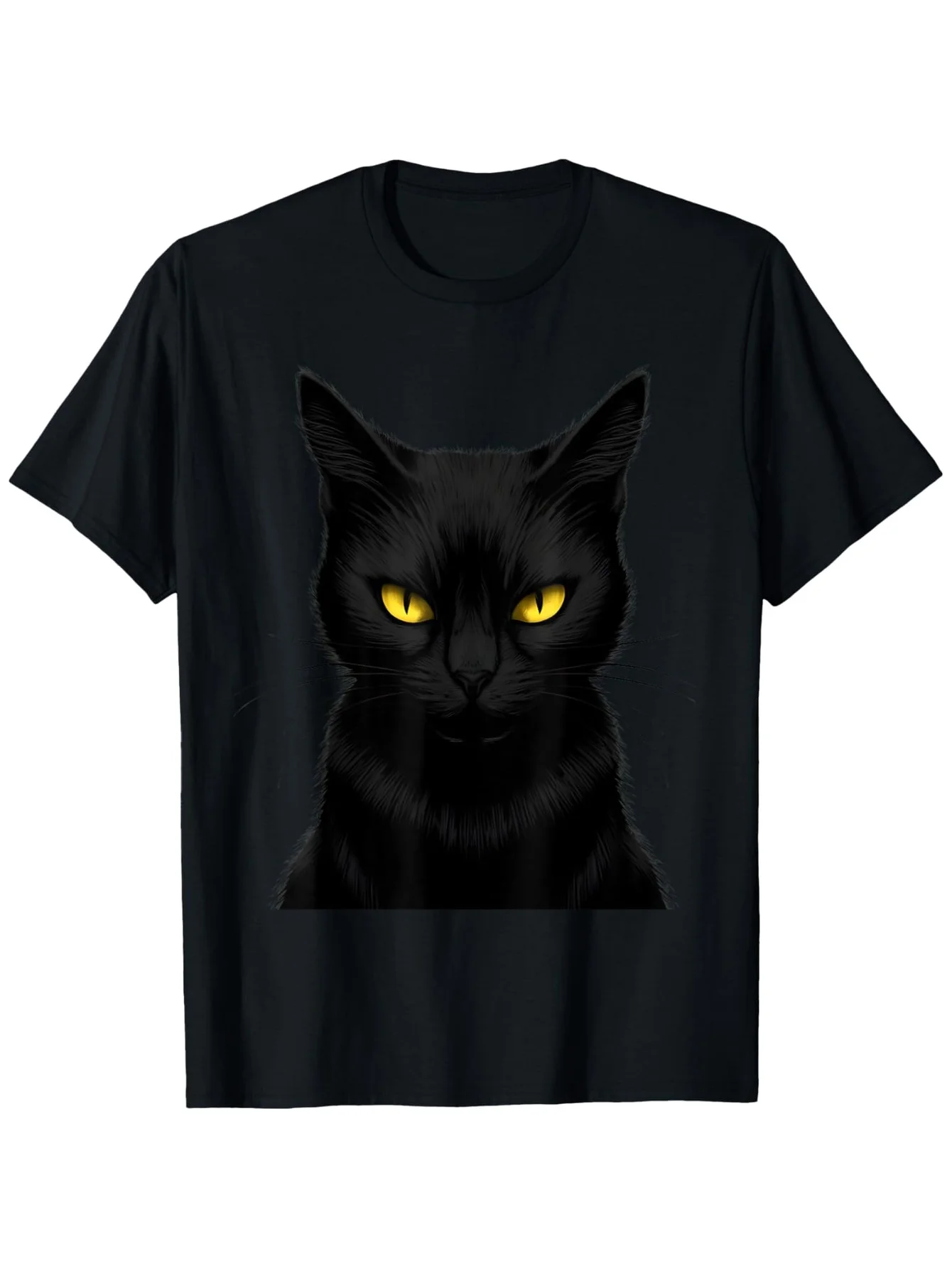 Gothic Men's Black Graphic T-Shirt Black Cat Yellow Eyes Dark Feline Portrait Mysterious Pet Lover Vintage Graphic Print 100% Cotton Heavyweight Short Sleeve Casual Streetwear Tee