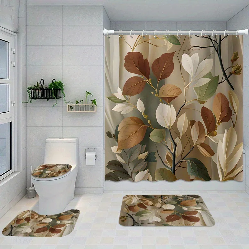 

4-Piece Home Decor Bathroom Shower Curtain Set with 12 Hooks, Toilet Seat Cover, Bath Non-Slip Mat, Rug, Polyester Bathroom