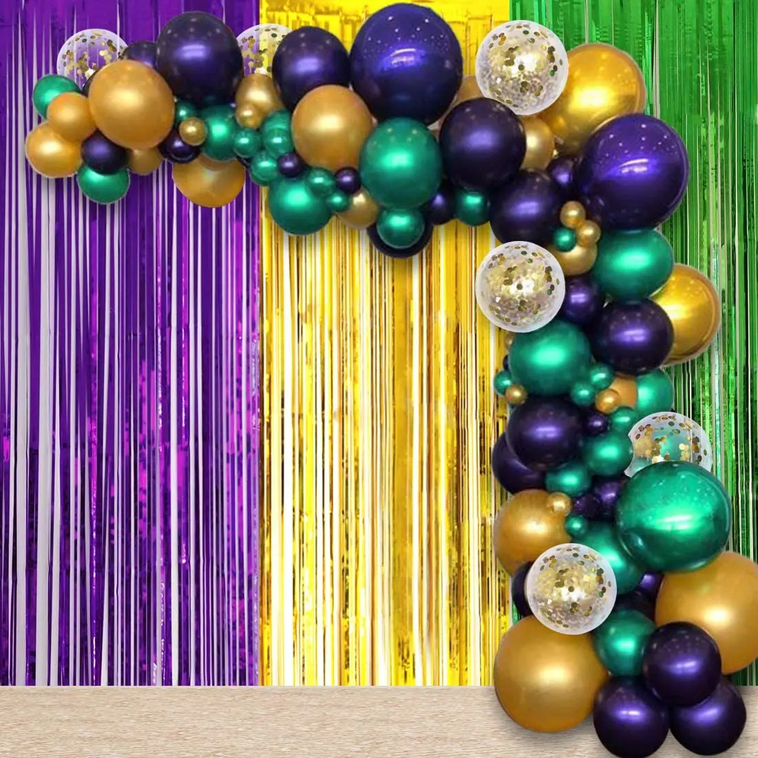 

Cheereveal Mardi Gras Theme Party Decorations Purple Green Gold Balloon Set Fringe Curtains for Mardi Gras Birthday Supplies