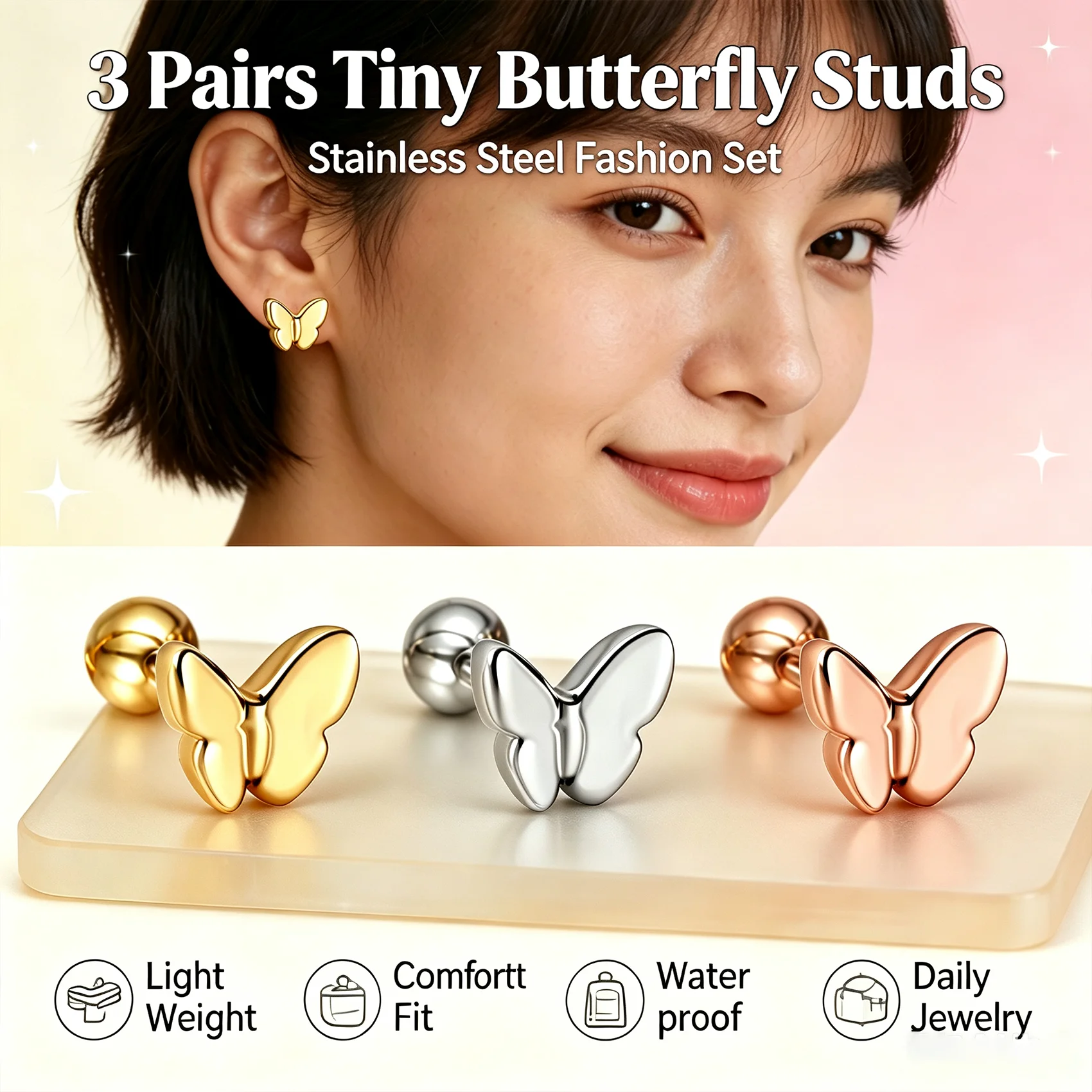 3Pairs Tiny Butterfly Stud Earrings Wholesale 316 Stainless Steel Screw Back Piercing Ear Jewelry For Women Daily Bulk Supply